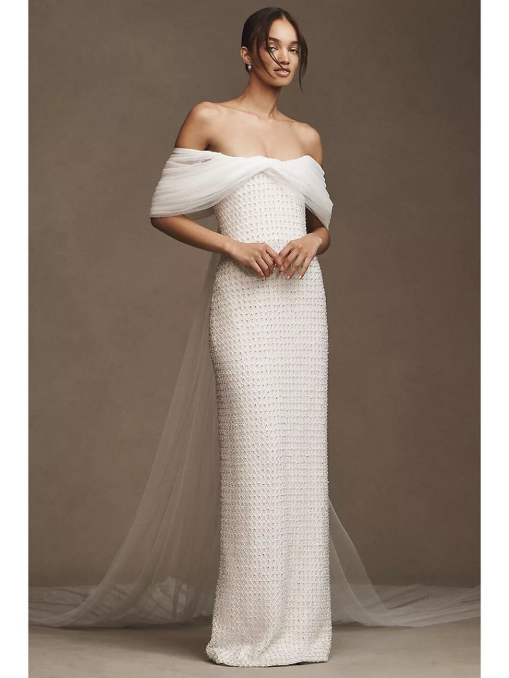 Costarellos Anthropologie Hemera Crystal-Beaded Sheath Wedding Gown in Ivory NWT